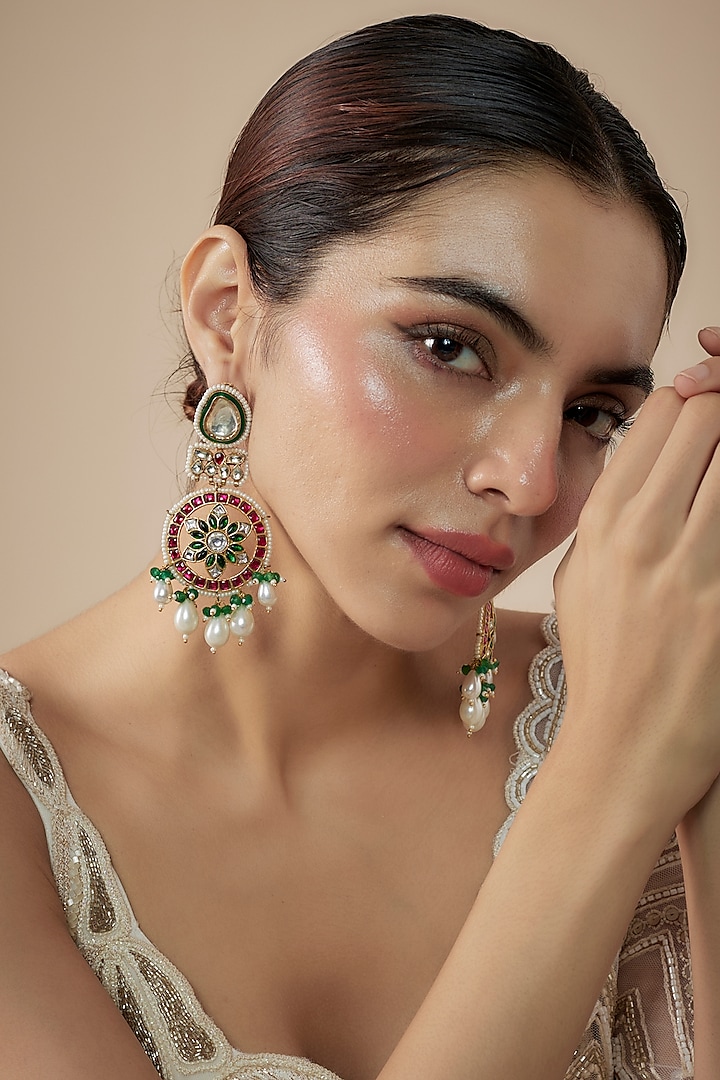 Gold Finish Paachi Kundan Polki & Pearl Dangler Earrings by JewelTreeTz at Pernia's Pop Up Shop