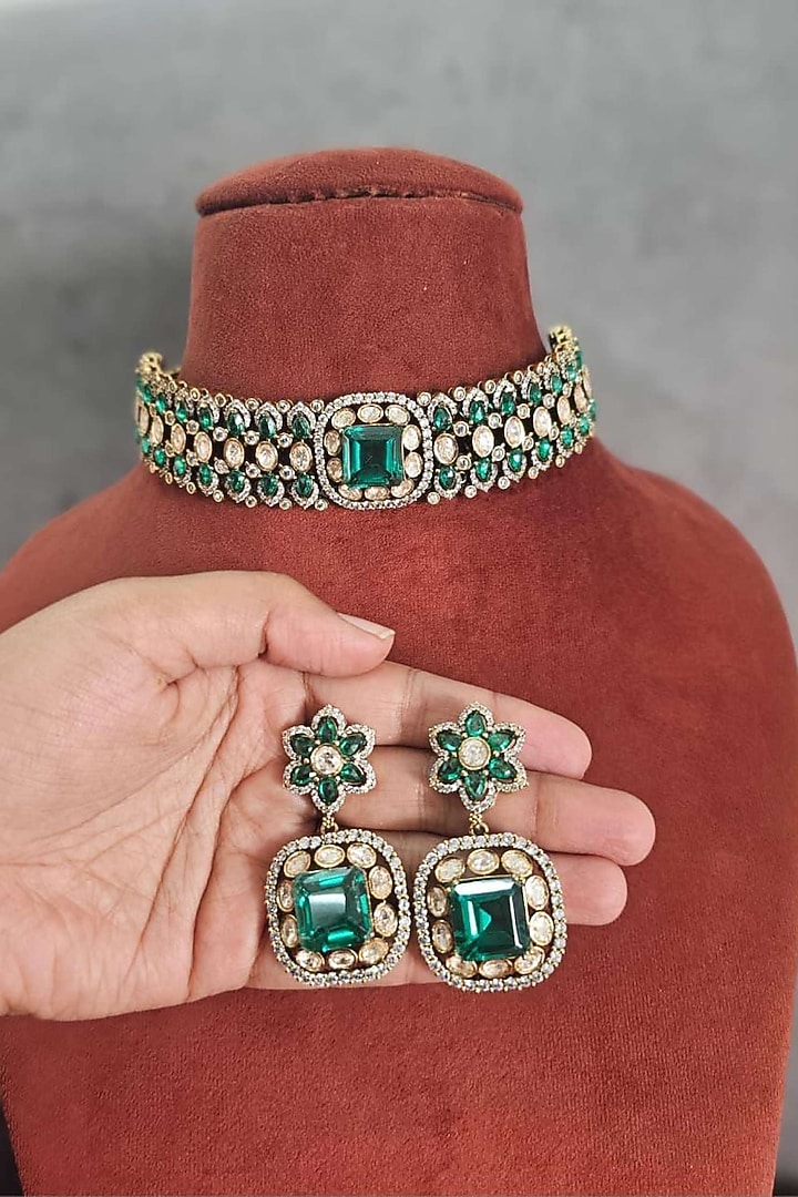 Two Tone Finish Moissanite & Emerald Doublet Choker Necklace Set by JewelTreeTz at Pernia's Pop Up Shop