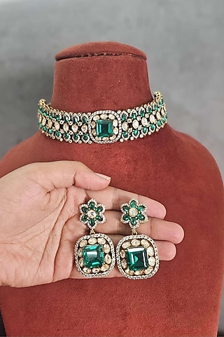 Two Tone Finish Moissanite & Emerald Doublet Choker Necklace Set by JewelTreeTz