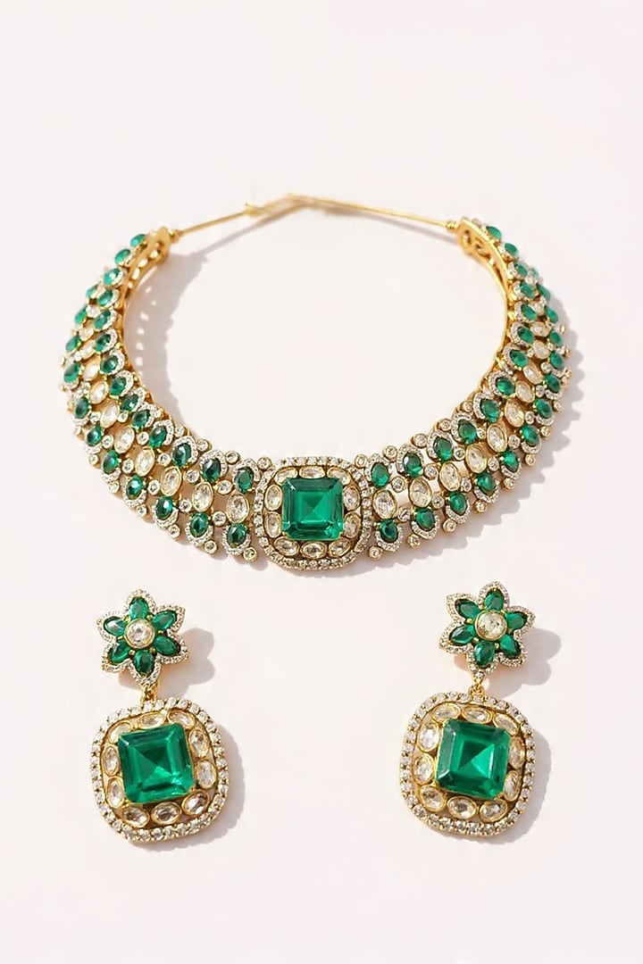 Two Tone Finish Moissanite & Emerald Doublet Choker Necklace Set by JewelTreeTz at Pernia's Pop Up Shop