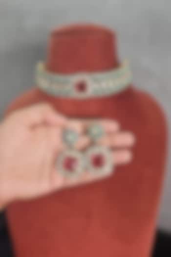Two Tone Finish Moissanite & Ruby Doublet Choker Necklace Set by JewelTreeTz at Pernia's Pop Up Shop