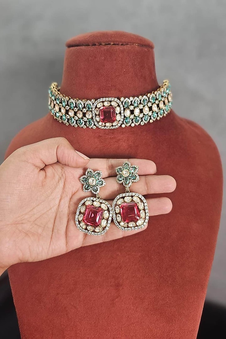 Two Tone Finish Moissanite & Ruby Doublet Choker Necklace Set by JewelTreeTz at Pernia's Pop Up Shop