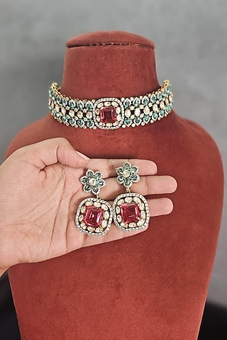 Two Tone Finish Moissanite & Ruby Doublet Choker Necklace Set by JewelTreeTz