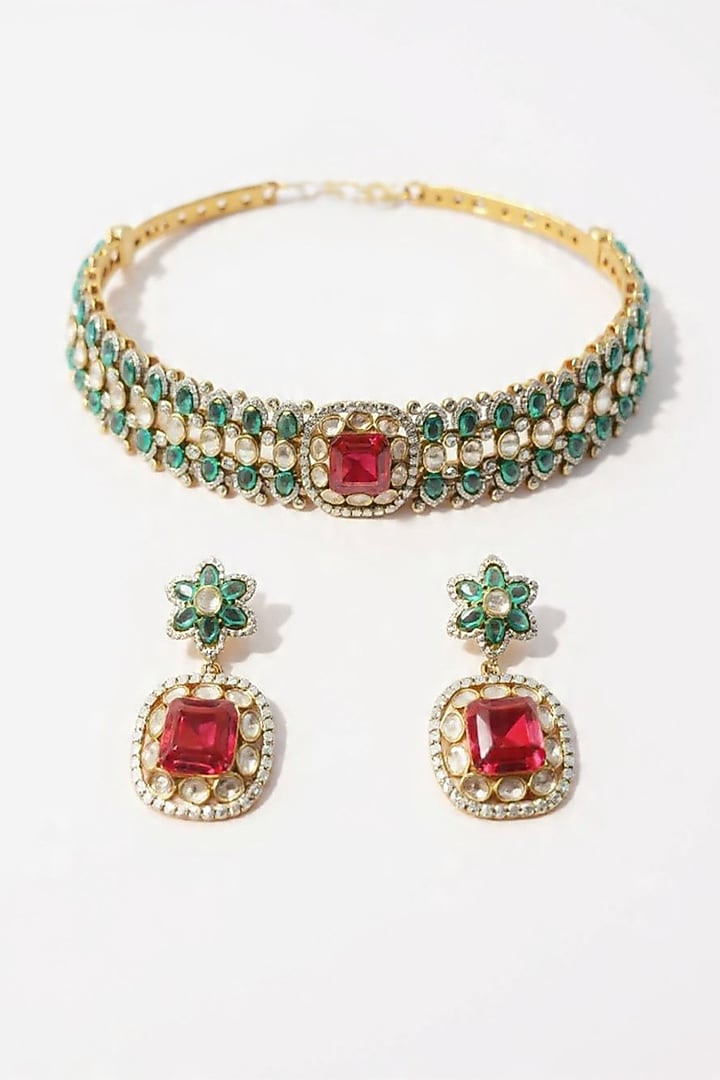 Two Tone Finish Moissanite & Ruby Doublet Choker Necklace Set by JewelTreeTz at Pernia's Pop Up Shop