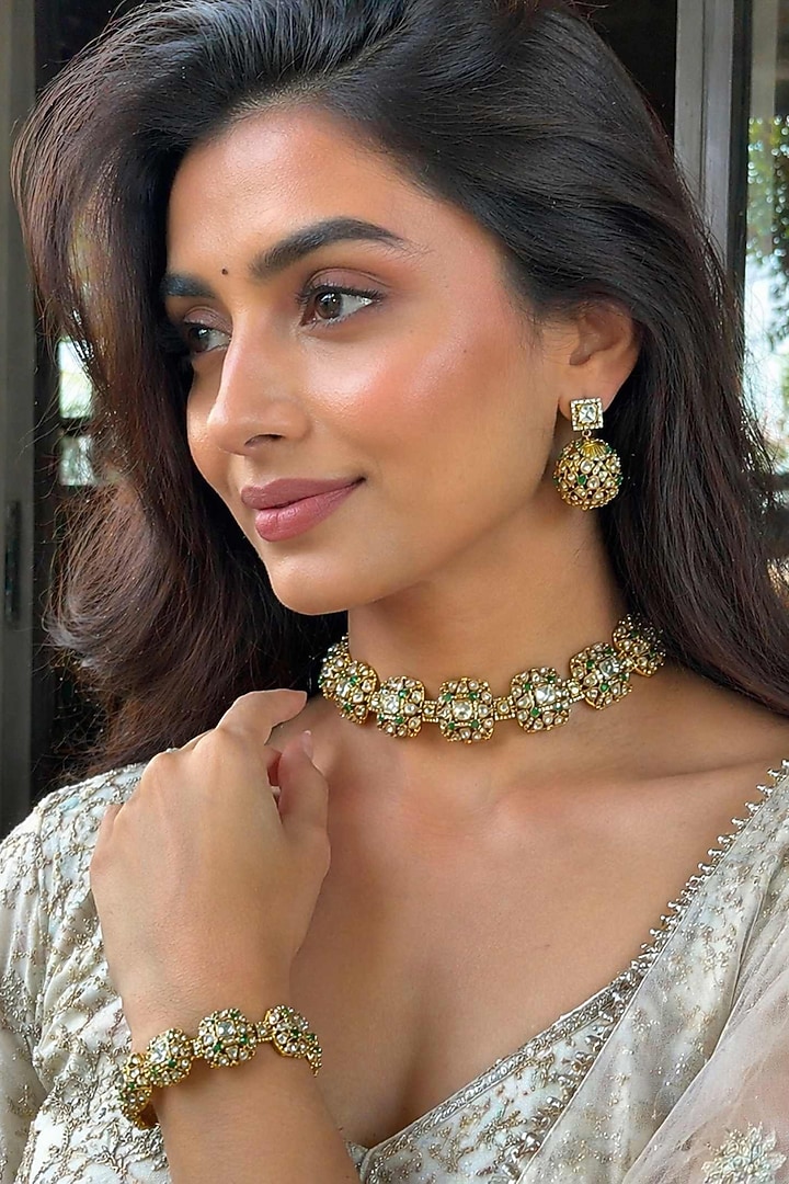 Gold Finish Moissanite & Emerald Doublet Choker Necklace Set by JewelTreeTz at Pernia's Pop Up Shop