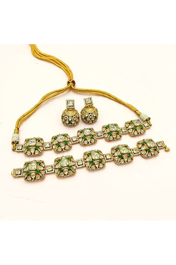 Gold Finish Moissanite & Emerald Doublet Choker Necklace Set by JewelTreeTz at Pernia's Pop Up Shop