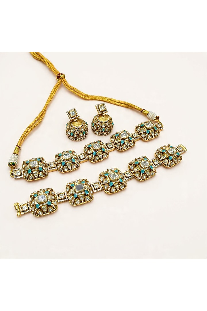 Gold Plated Moissanite & Mint Blue Stone Choker Necklace Set by JewelTreeTz at Pernia's Pop Up Shop