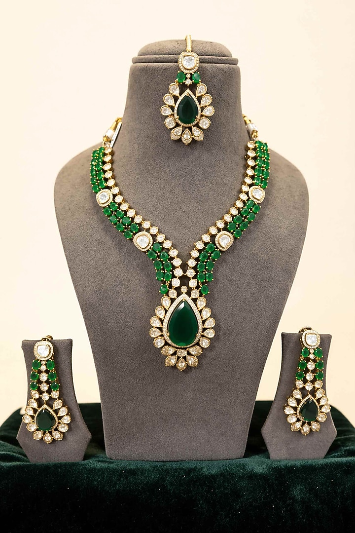 Gold Finish Moissanite & Emerald Doublet Necklace Set by JewelTreeTz at Pernia's Pop Up Shop
