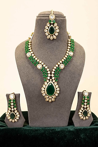 Gold Finish Moissanite & Emerald Doublet Necklace Set by JewelTreeTz