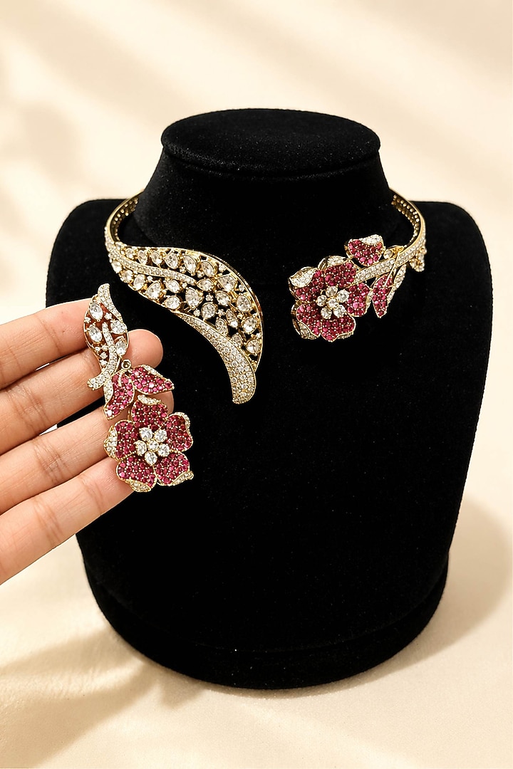 Gold Finish Moissanite & Ruby Choker Necklace Set by JewelTreeTz at Pernia's Pop Up Shop