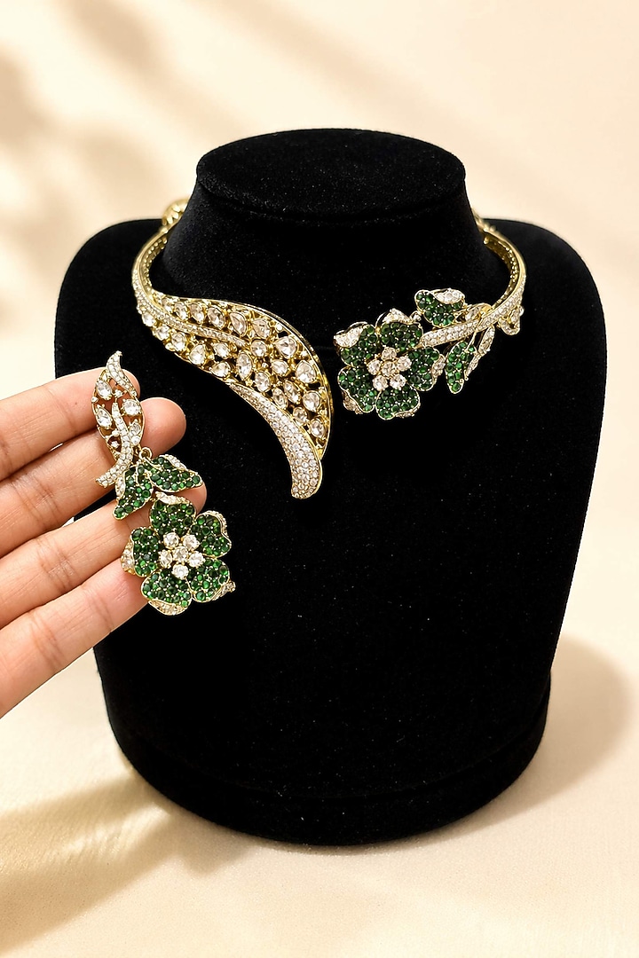 Gold Plated Moissanite & Emerald Choker Necklace Set by JewelTreeTz at Pernia's Pop Up Shop