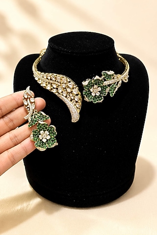 Gold Plated Moissanite & Emerald Choker Necklace Set by JewelTreeTz