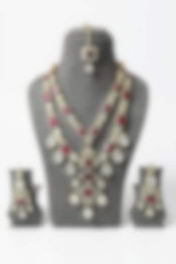 Two Tone Finish Uncut Kundan Polki & Ruby Layered Necklace Set by JewelTreeTz at Pernia's Pop Up Shop
