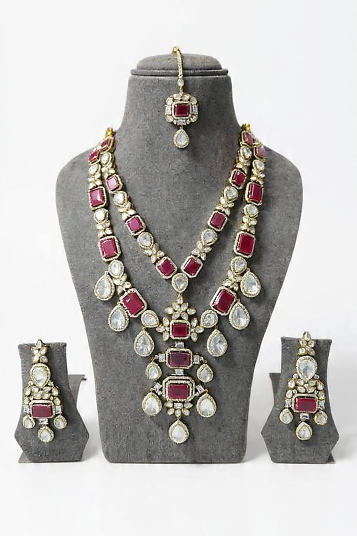 Two Tone Finish Uncut Kundan Polki & Ruby Layered Necklace Set by JewelTreeTz at Pernia's Pop Up Shop