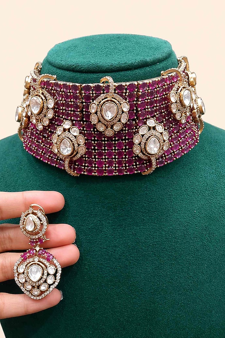 Gold Finish Moissanite & Ruby Choker Necklace Set by JewelTreeTz at Pernia's Pop Up Shop