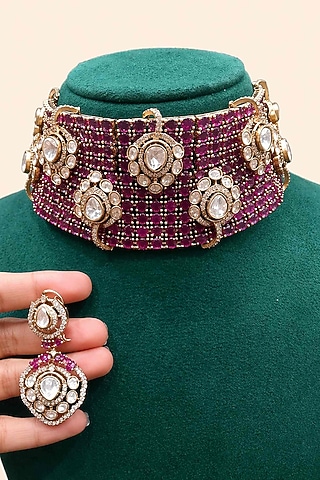 Gold Finish Moissanite & Ruby Choker Necklace Set by JewelTreeTz