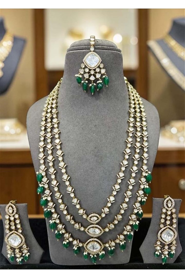 Two Tone Finish Moissanite & Emerald Doublet Layered Necklace Set by JewelTreeTz at Pernia's Pop Up Shop