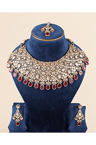Gold Plated Moissanite & Ruby Choker Necklace Set by JewelTreeTz