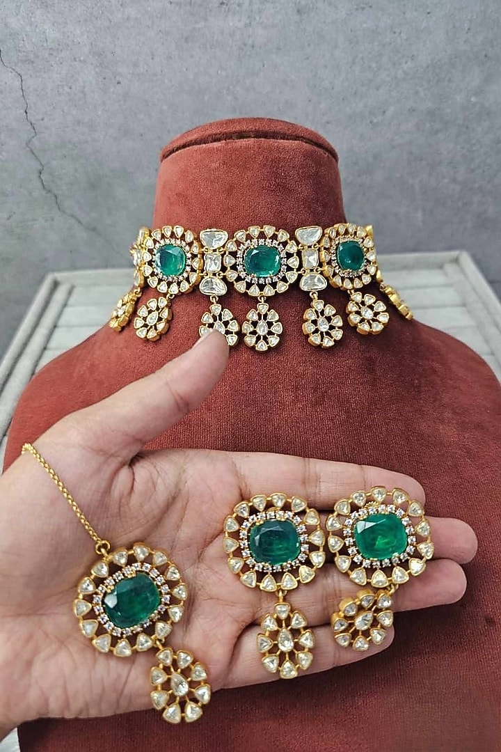 Gold Plated Moissanite & Emerald Choker Necklace Set by JewelTreeTz at Pernia's Pop Up Shop