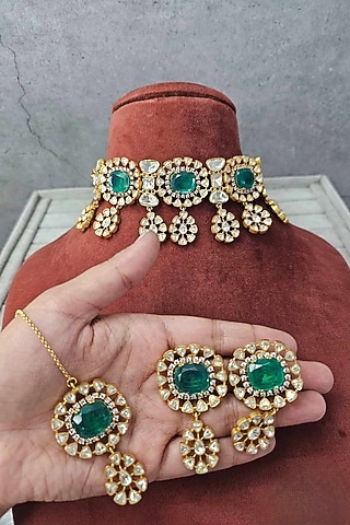 Gold Plated Moissanite & Emerald Choker Necklace Set by JewelTreeTz