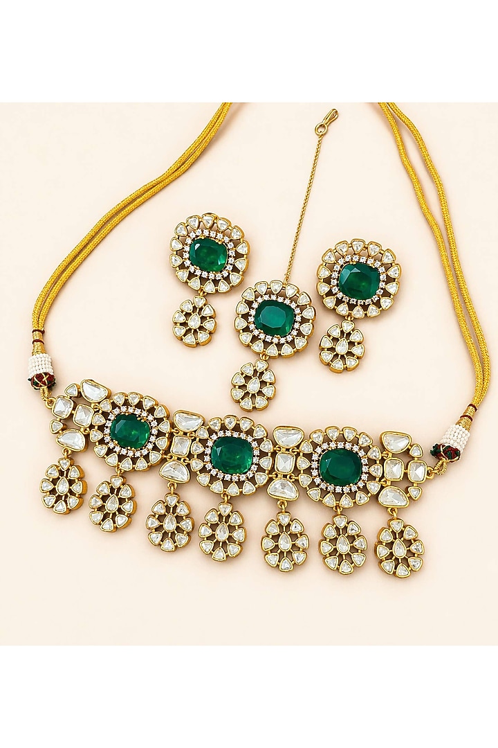 Gold Plated Moissanite & Emerald Choker Necklace Set by JewelTreeTz at Pernia's Pop Up Shop