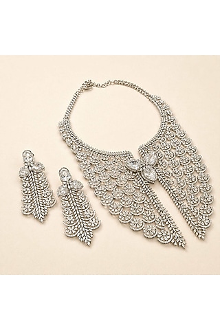 White Rhodium Finish CZ Stone Necklace Set by JewelTreeTz
