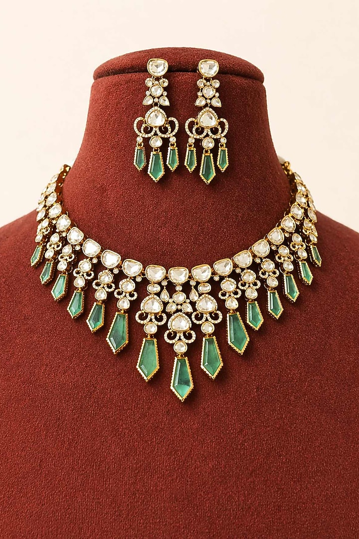 Gold Plated Moissanite & Mint Green Stone Necklace Set by JewelTreeTz at Pernia's Pop Up Shop