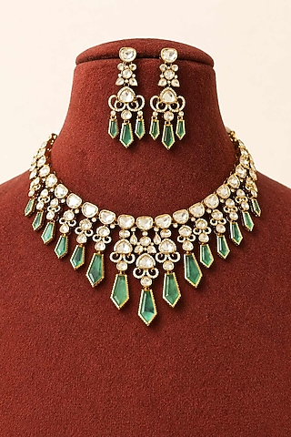 Gold Plated Moissanite & Mint Green Stone Necklace Set by JewelTreeTz