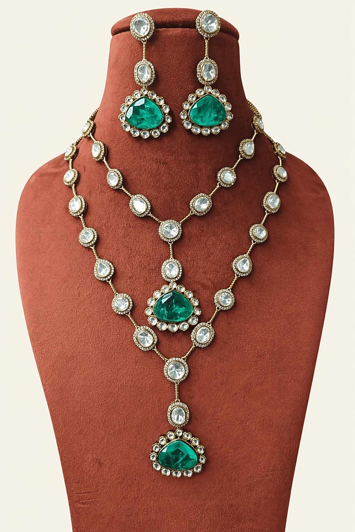 Gold Finish Moissanite & Mint Green Doublet Stone Layered Necklace Set by JewelTreeTz at Pernia's Pop Up Shop