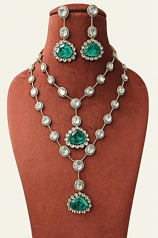 Gold Finish Moissanite & Mint Green Doublet Stone Layered Necklace Set by JewelTreeTz