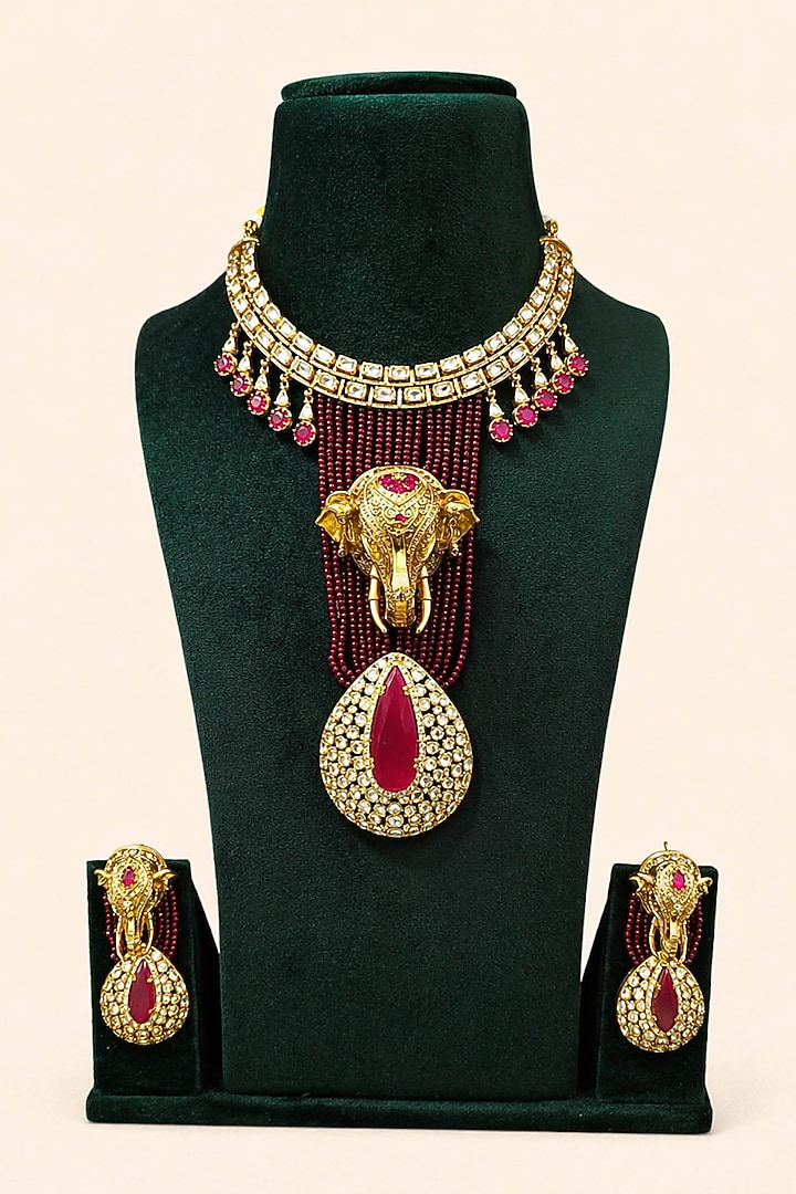 Gold Plated Moissanite & Ruby Stone Necklace Set by JewelTreeTz at Pernia's Pop Up Shop