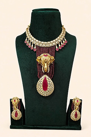 Gold Plated Moissanite & Ruby Stone Necklace Set by JewelTreeTz
