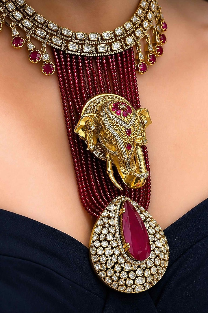 Gold Plated Moissanite & Ruby Stone Necklace Set by JewelTreeTz at Pernia's Pop Up Shop