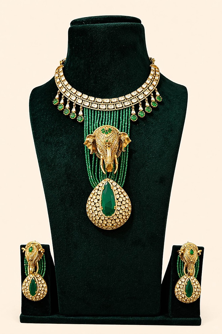Gold Plated Moissanite & Emerald Stone Necklace Set by JewelTreeTz at Pernia's Pop Up Shop