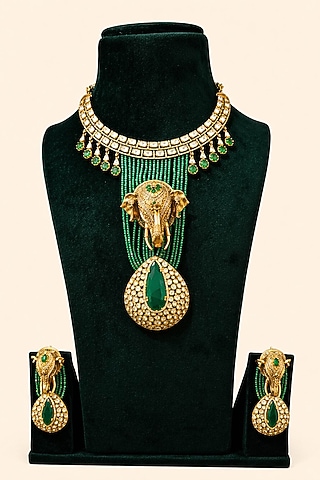 Gold Plated Moissanite & Emerald Stone Necklace Set by JewelTreeTz