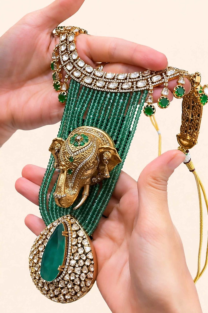 Gold Plated Moissanite & Emerald Stone Necklace Set by JewelTreeTz at Pernia's Pop Up Shop