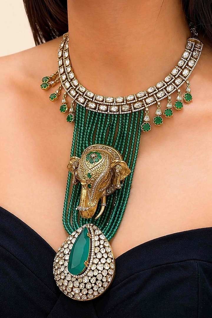 Gold Plated Moissanite & Emerald Stone Necklace Set by JewelTreeTz at Pernia's Pop Up Shop