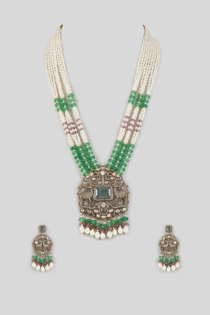 Two-Tone Finish Pearl & Green Aventurine Beaded Long Necklace Set by JewelTreeTz at Pernia's Pop Up Shop