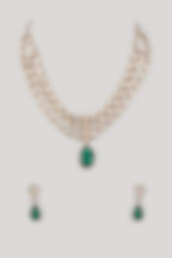 Gold Finish Moissanite Polki & Emerald Cabochon Stone Layered Necklace Set by JewelTreeTz