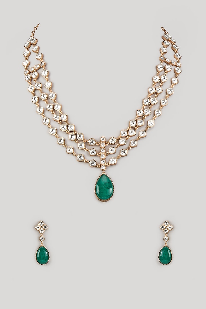 Gold Finish Moissanite Polki & Emerald Cabochon Stone Layered Necklace Set by JewelTreeTz