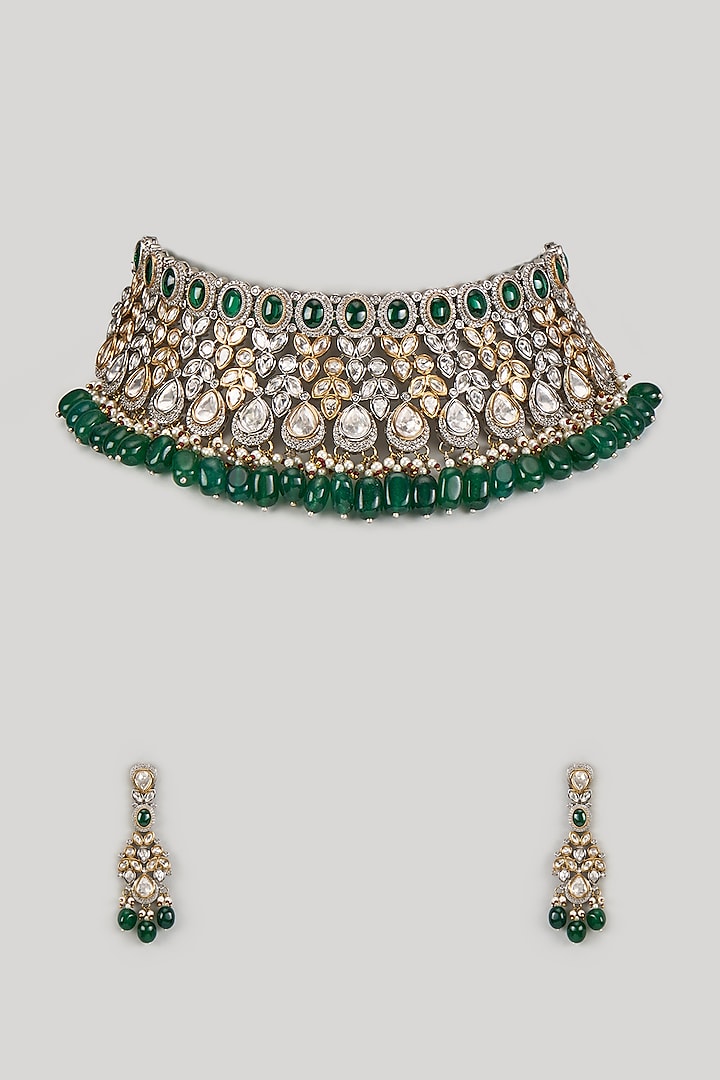 Two-Tone Finish Uncut Kundan Polki & Emerald Stone Handcrafted Choker Necklace Set by JewelTreeTz