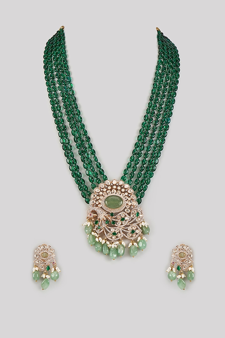 Gold Finish Uncut Kundan Polki & Emerald Agate Beaded Long Necklace Set by JewelTreeTz