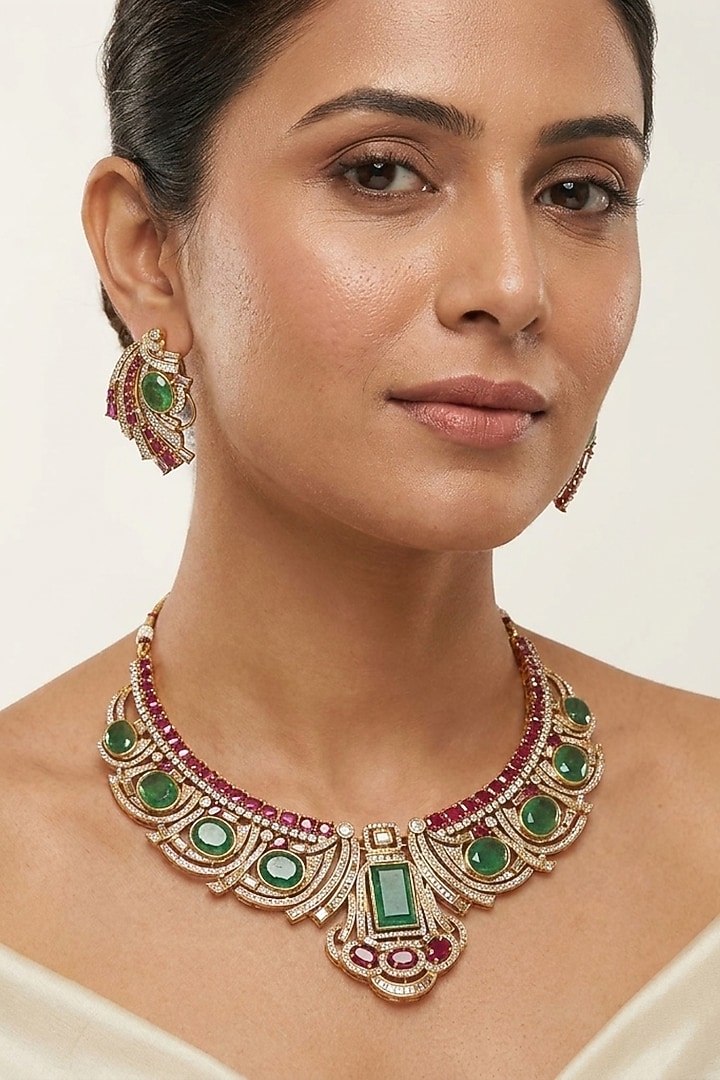 Gold Finish Kundan Polki & Emerald Stone Choker Necklace Set by JewelTreeTz at Pernia's Pop Up Shop
