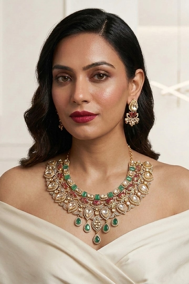 Two-Tone Finish Kundan Polki & Green Stone Choker Necklace Set by JewelTreeTz at Pernia's Pop Up Shop
