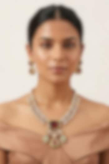 Gold Finish Kundan Polki & Emerald Stone Pendant Necklace Set by JewelTreeTz at Pernia's Pop Up Shop