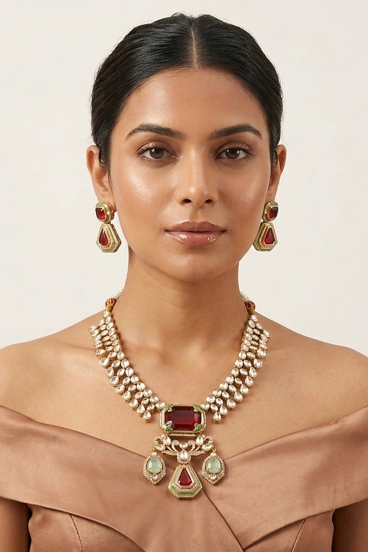 Gold Finish Kundan Polki & Emerald Stone Pendant Necklace Set by JewelTreeTz at Pernia's Pop Up Shop