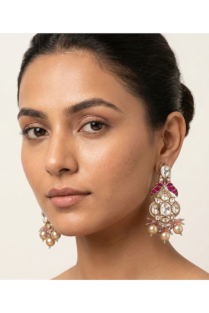 Gold Finish Kundan Polki & Ruby Stone Dangler Earrings by JewelTreeTz at Pernia's Pop Up Shop