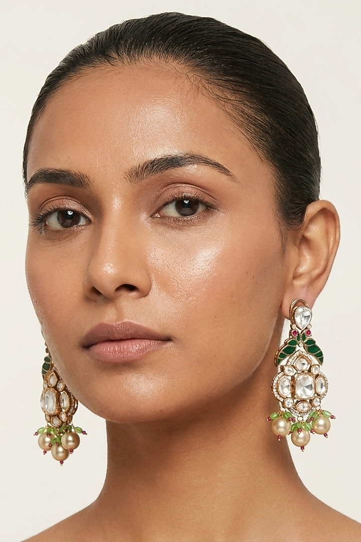 Gold Finish Kundan Polki & Green Stone Dangler Earrings by JewelTreeTz at Pernia's Pop Up Shop