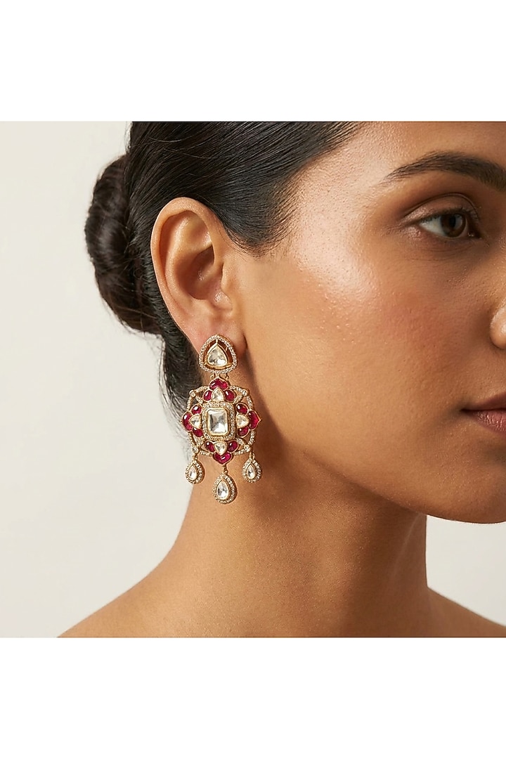 Gold Finish Kundan Polki & Ruby Stone Dangler Earrings by JewelTreeTz at Pernia's Pop Up Shop