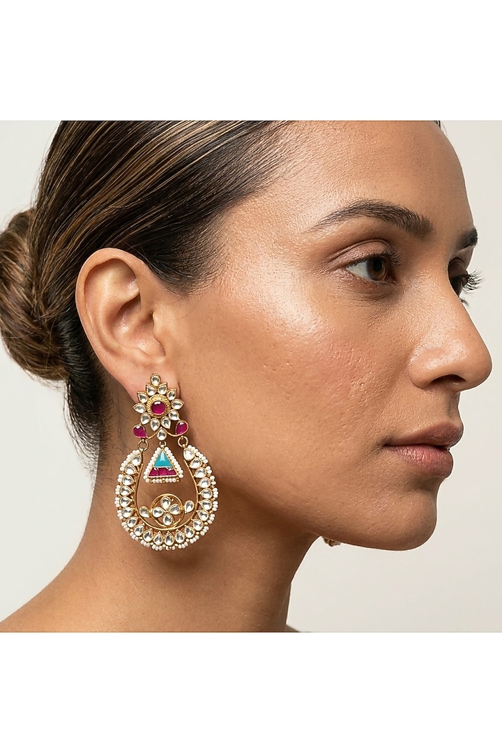 Gold Finish Kundan Polki & Ruby Stone Chandbali Earrings by JewelTreeTz at Pernia's Pop Up Shop